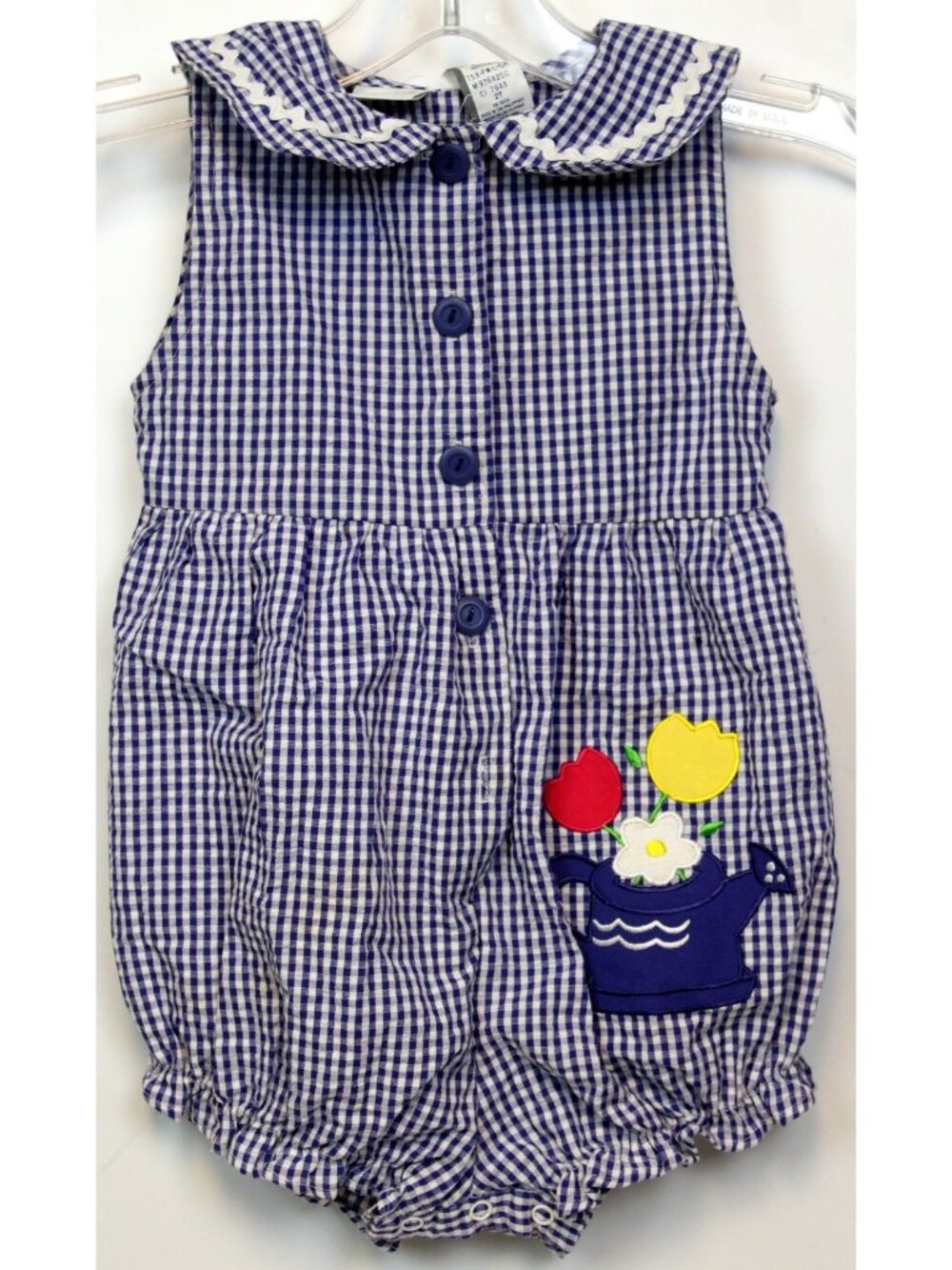 VTG Carter's Girl Romper sz 2T Blue Gingham Tulips Flowers Watering Can Summer